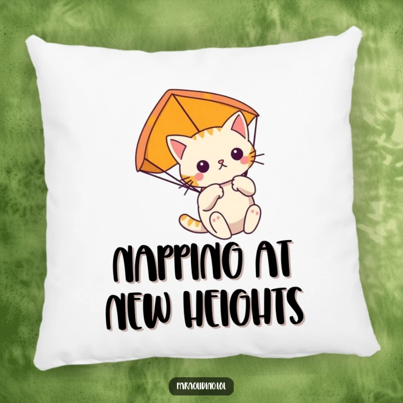 Funny determined cat floats gently, clutching its paraglider on a pillow, offering comfort and focused airborne dreams.
