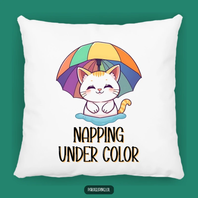 Funny Cat Rainbow Umbrella Pillow - Cozy & Whimsical Cartoon Accent Pillow