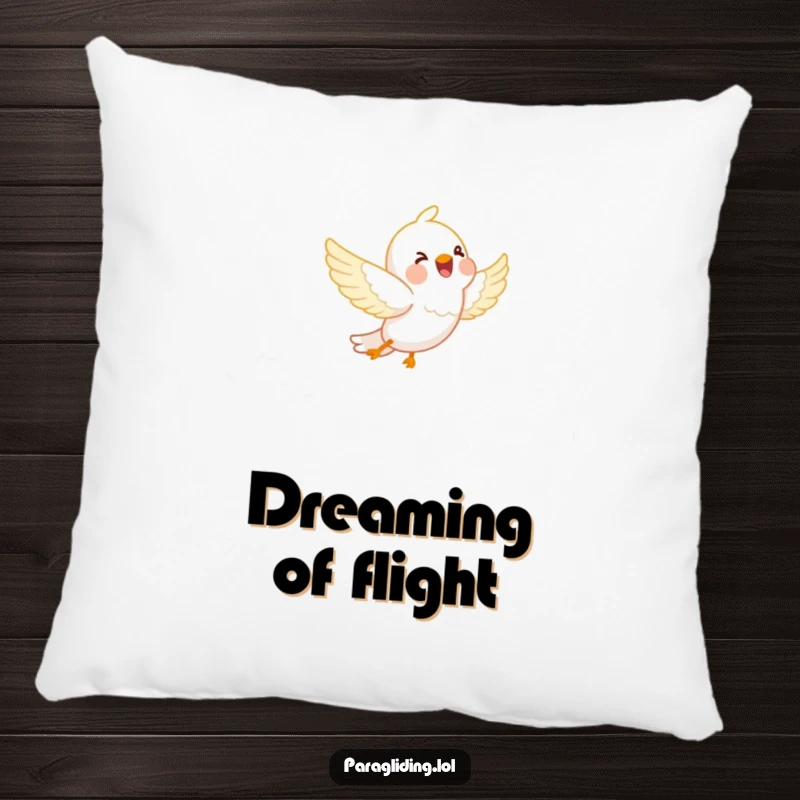 Funny pillow: A joyful bird soaring through fluffy white clouds. Soft, plush, and humorously serene home decor.