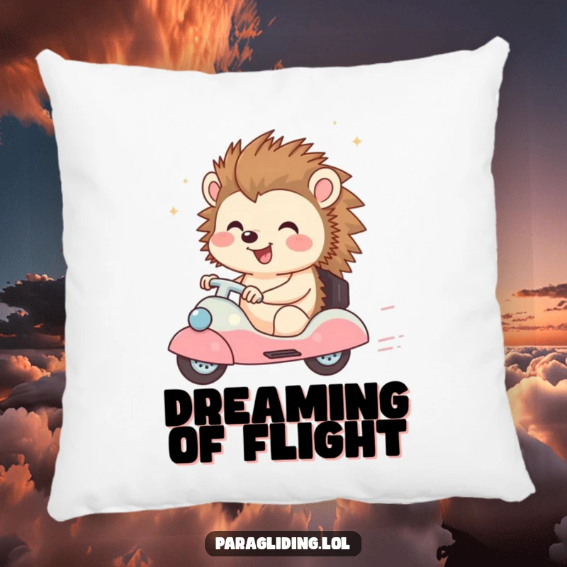 Funny pillow featuring a happy hedgehog character enjoying a breezy ride, perfect for adding comfort and cheerful vibes.