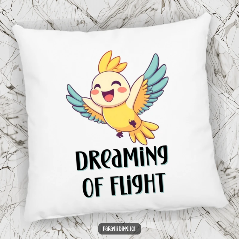Funny pillow featuring a joyful parrot with a wide grin soaring, providing comfort and a cheerful splash of color, superb funny gift.