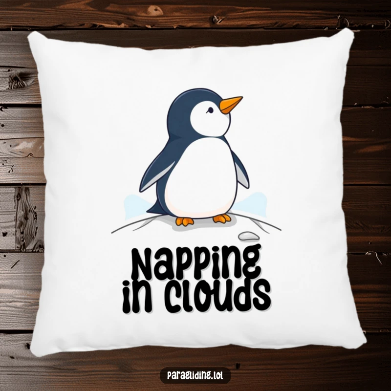 Funny penguin pillow, a soft cushion featuring a penguin observing from a paraglider, great for comfort.