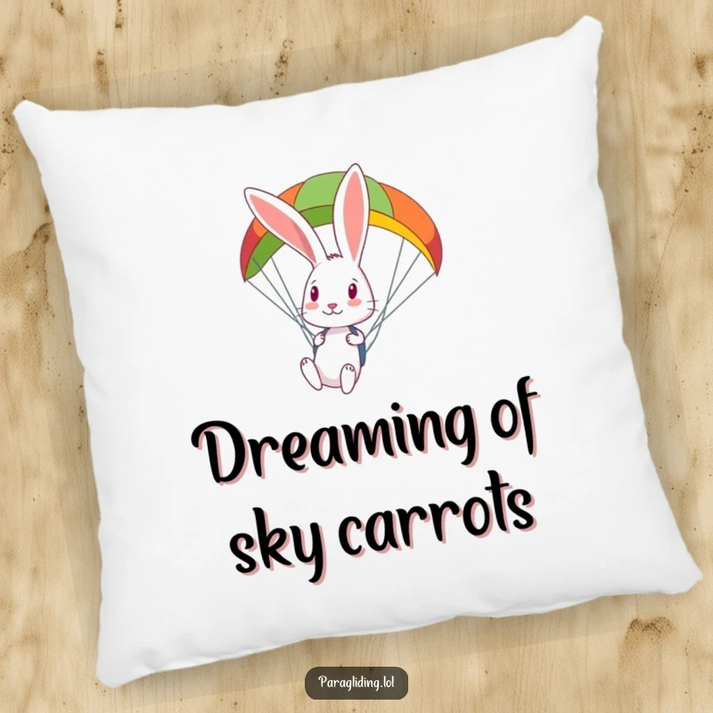 Funny curious rabbit looks down from a colorful paraglider on a soft pillow, bringing airborne curiosity and comfort.