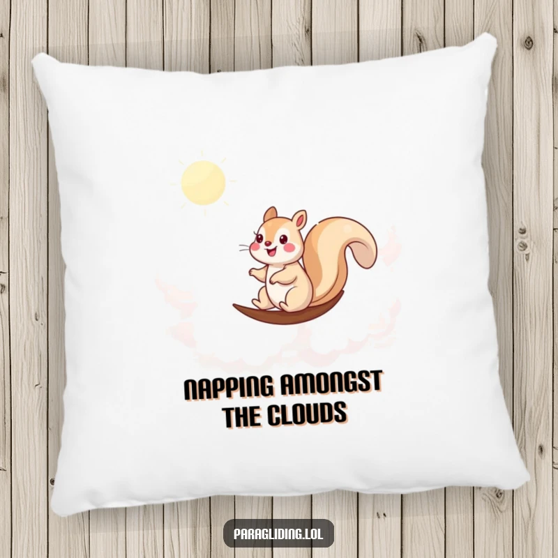 Funny pillow with a happy squirrel sailing through the clouds, providing soft comfort and a whimsical feel.