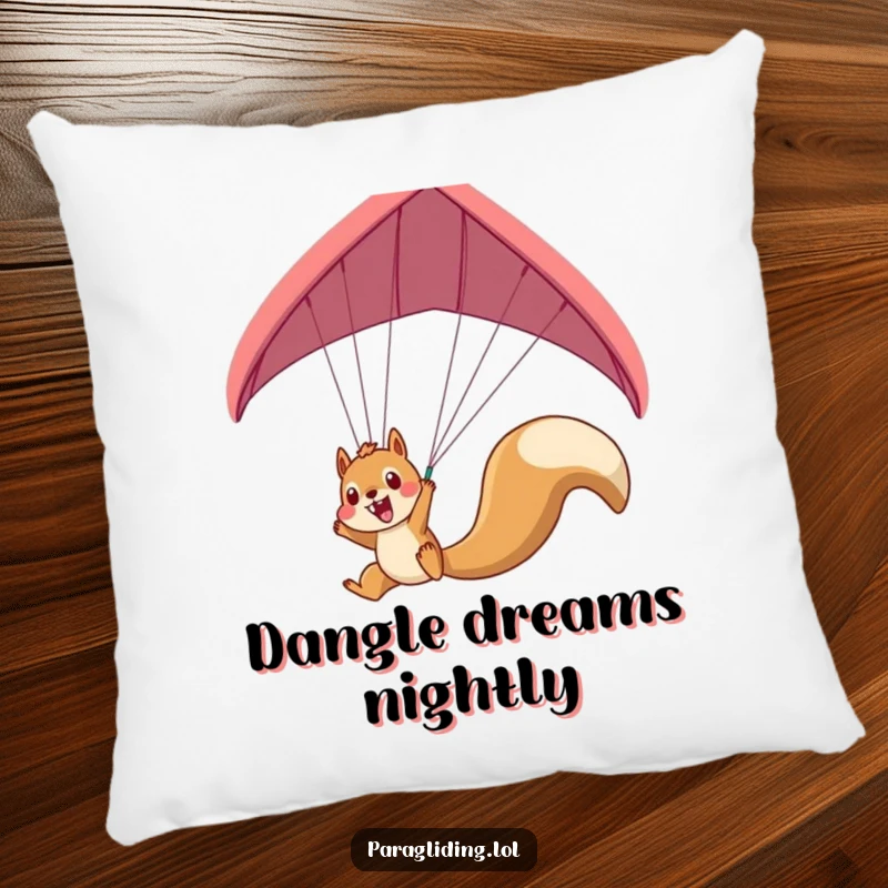 Funny squirrel paraglider pillow featuring an excited squirrel dangling, a humorous and comfortable accent piece.