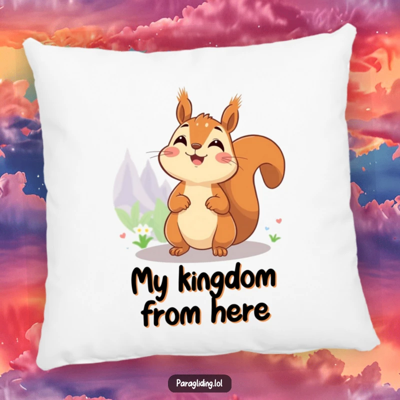 Funny pillow with a cheerful squirrel enjoying a grand view from a high vantage point.