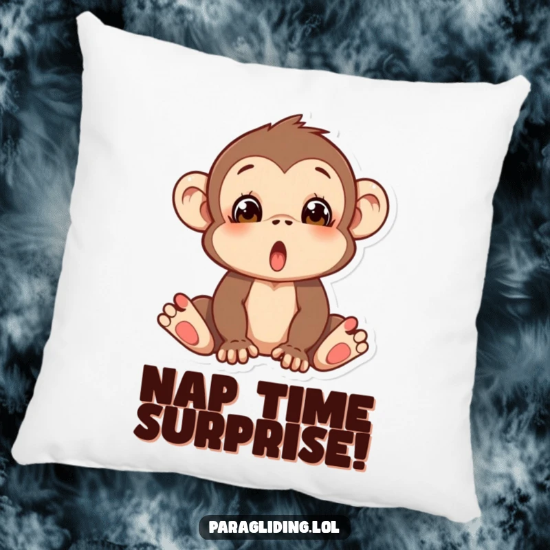 Funny pillow with a silly monkey making a surprised face, caught in a pose of almost falling, soft and amusing.