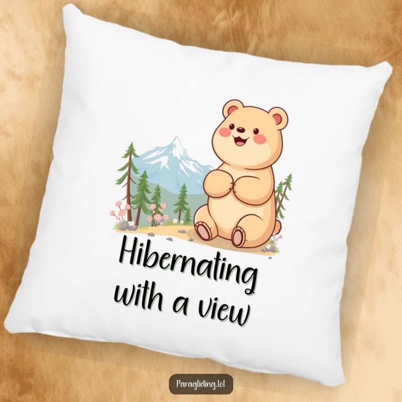 Funny pillow with a beaming bear admiring a mountain view, offering cozy comfort and a touch of joy.