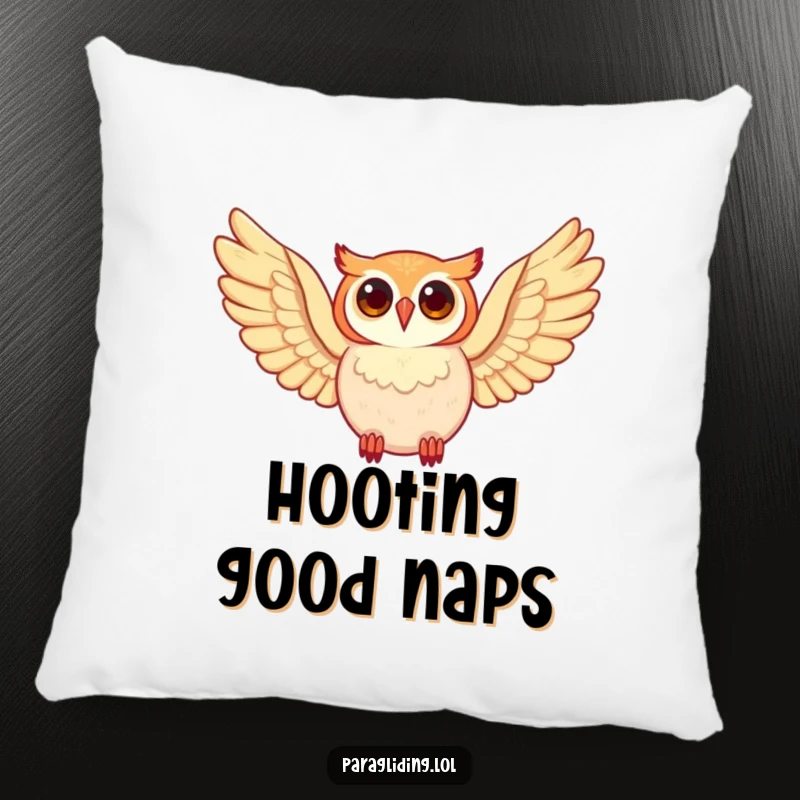 Funny happy owl character, soaring through the sky, on a soft plush pillow, a delightful funny gift.