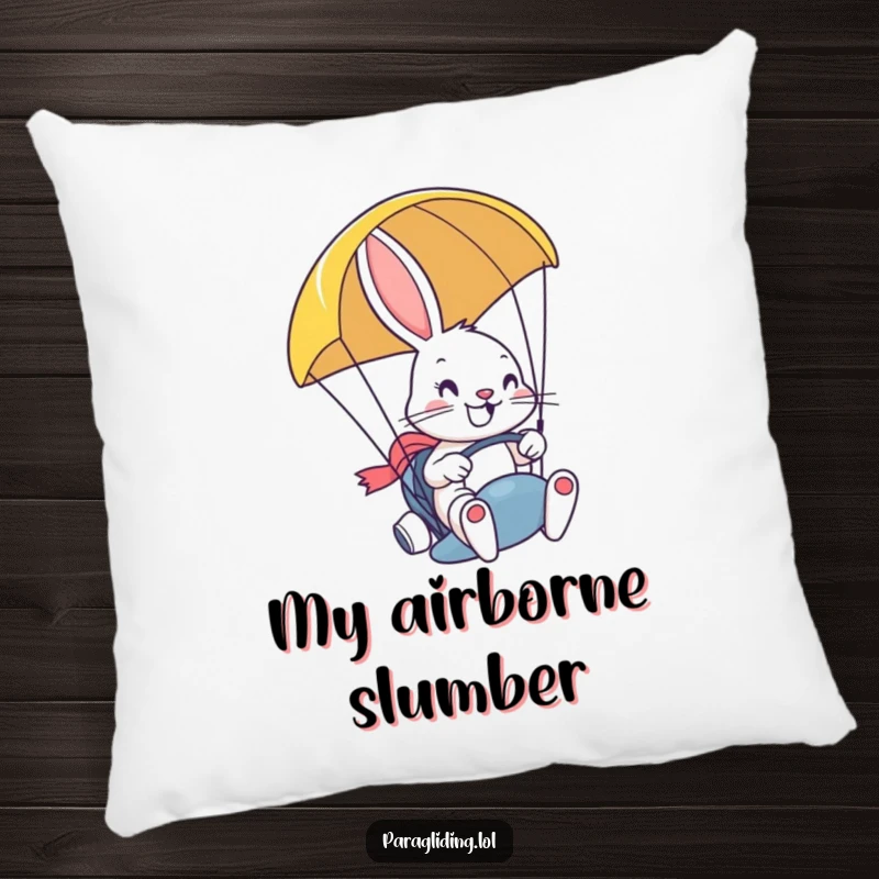 Funny pillow with a determined, smiling bunny steering a paraglider with a grin, offering comfort and a touch of adventurous whimsy to any room.