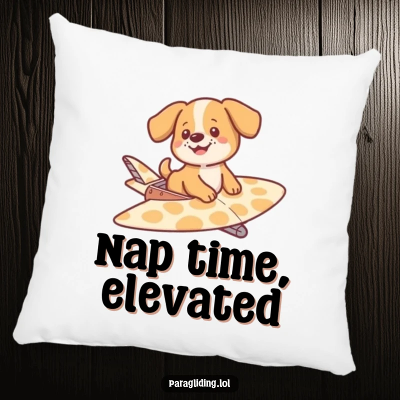 Funny pillow featuring a cute dog happily gliding on a patterned glider, bringing a sense of calm and playful charm to any resting spot.