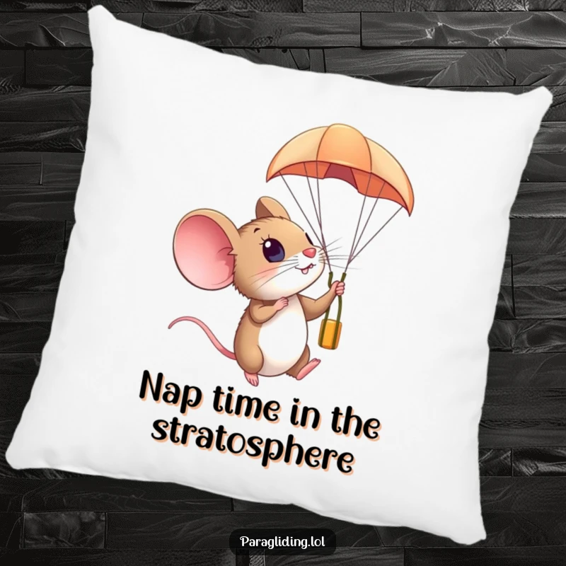 Funny pillow with a small mouse looking amazed from a paraglider, high in the sky, bringing comfort and wonder.