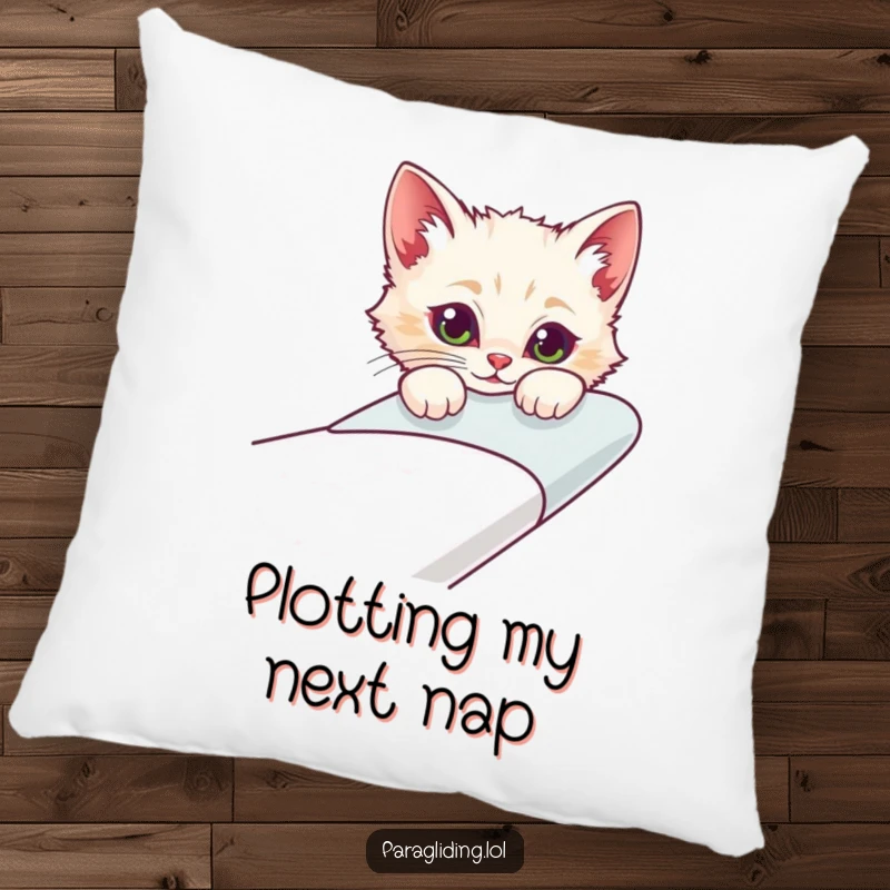 Funny pillow featuring a curious cat character peeking over the edge of a glider, perfect for adding comfort and feline charm.