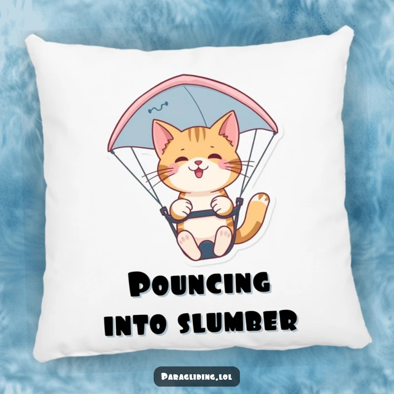 Funny confident cat paragliding nimbly on a soft pillow. A comfortable and stylish funny gift for cat owners.