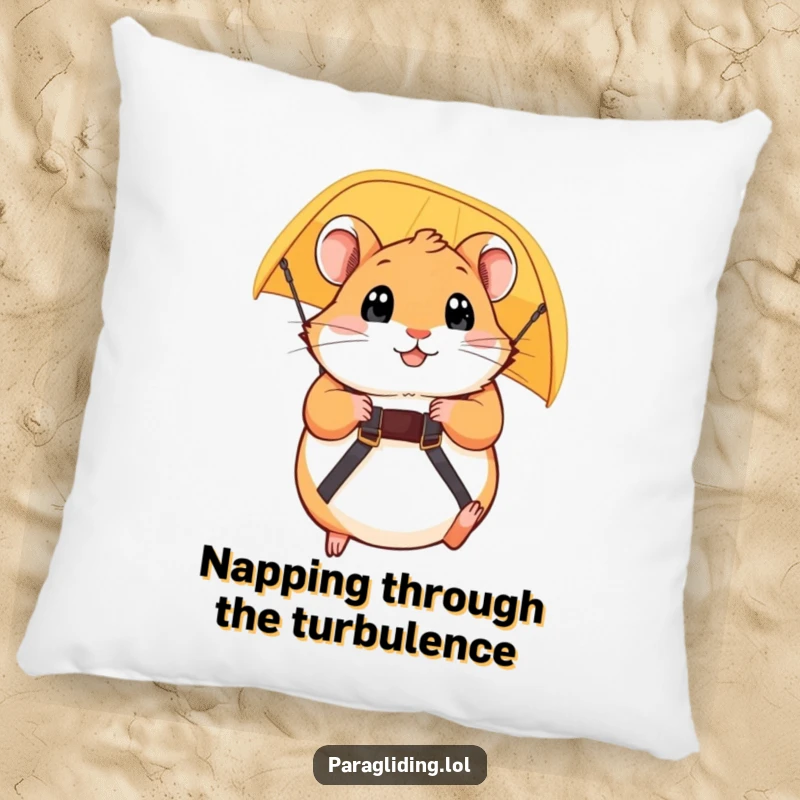 Funny pillow with a plump hamster gripping paraglider straps, eyes wide, depicting a small creature's big, humorous adventure. Gift.