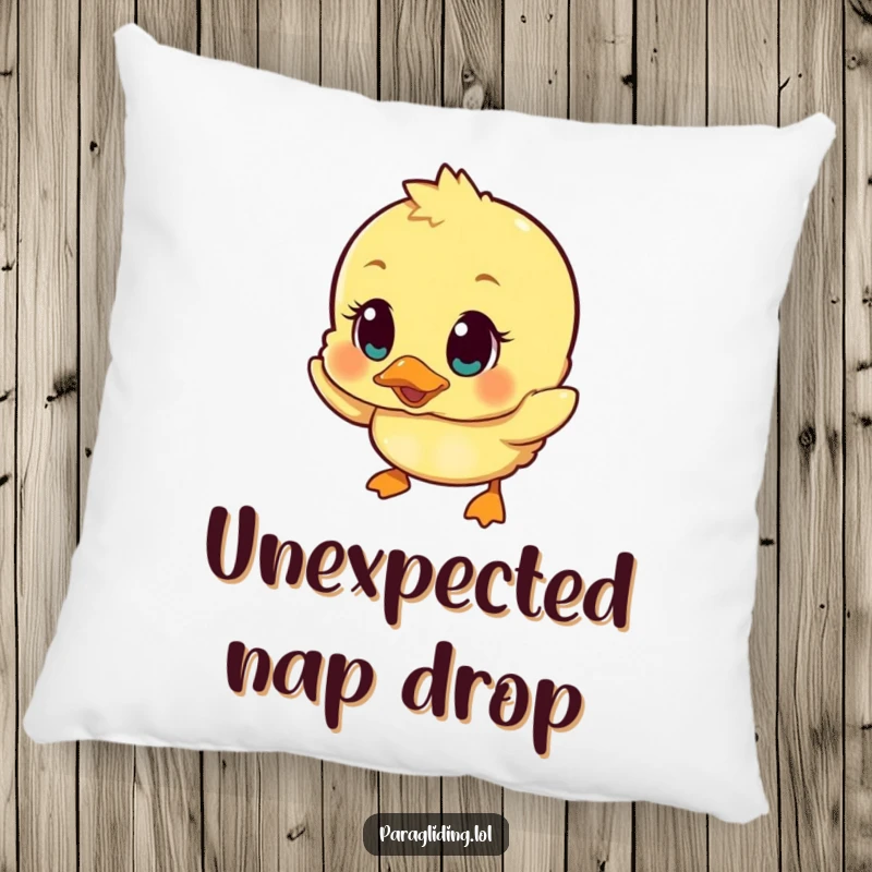 Funny pillow showing a duckling with surprised eyes gracefully descending, offering comfort and a touch of humorous charm.