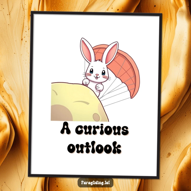 Funny rabbit paraglider digital art print showing a curious bunny peeking over, ready to add humor to your decor.