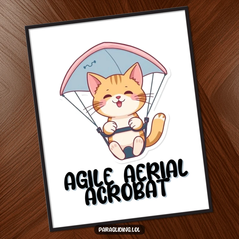 Funny confident cat paragliding nimbly against a sky backdrop on digital art. Stylish and easy funny gift for decor.