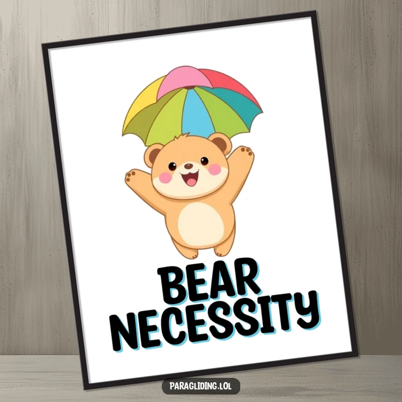 Funny digital art print of a joyful, round bear cub paragliding under a colorful canopy, ideal for printable wall decor with an adventurous and whimsical theme.