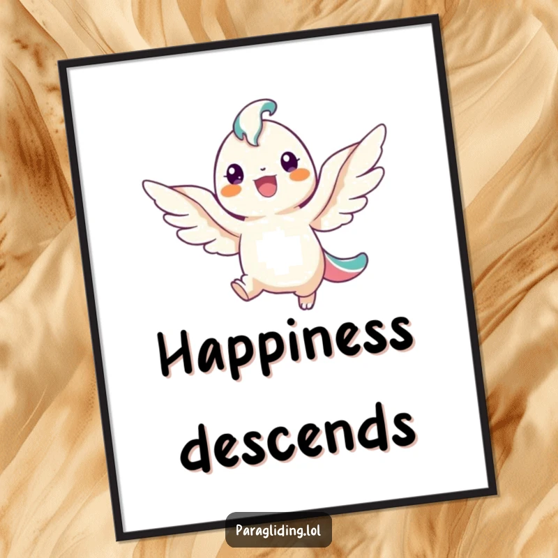 Funny digital art print of a smiling winged creature descending gracefully, bringing a cheerful and humorous vibe to any digital display.