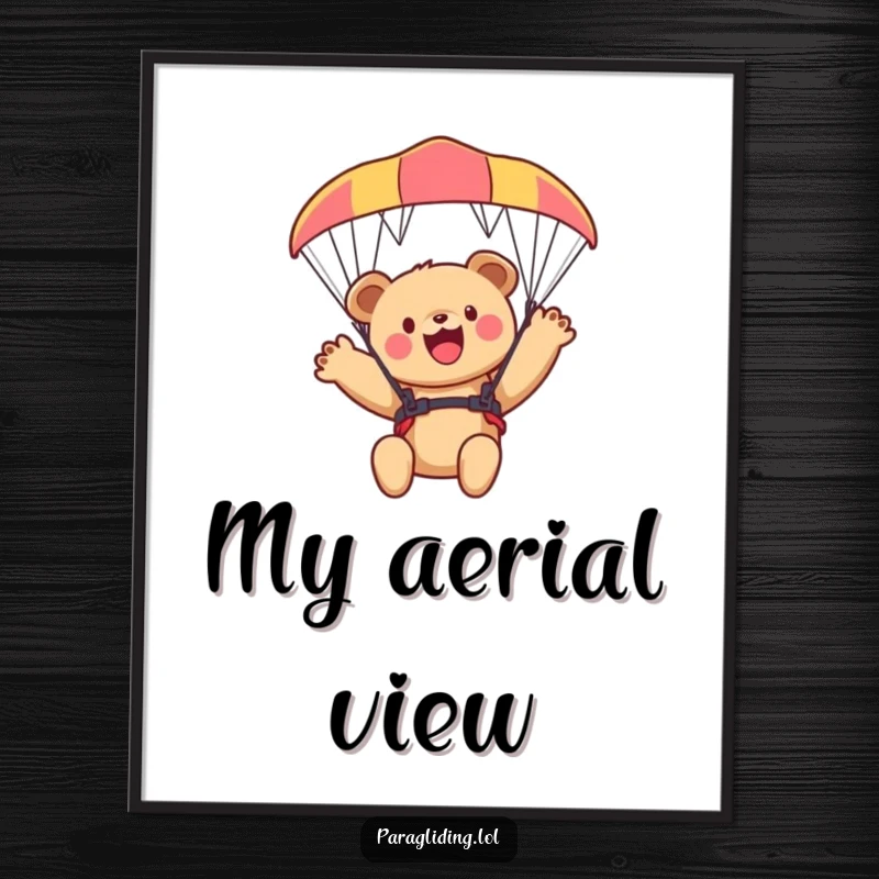 Funny bear cub digital art, a printable featuring a cub waving from a paraglider, instant decor.