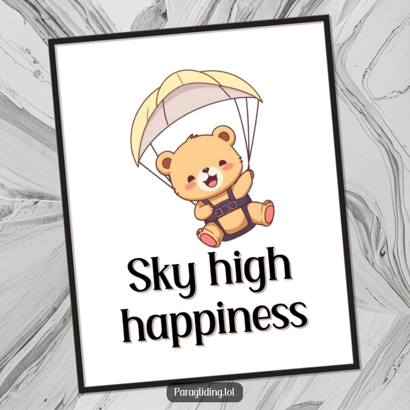 Funny bear cub paraglider digital art print capturing a cub's ecstatic aerial adventure, ready to brighten any digital display.
