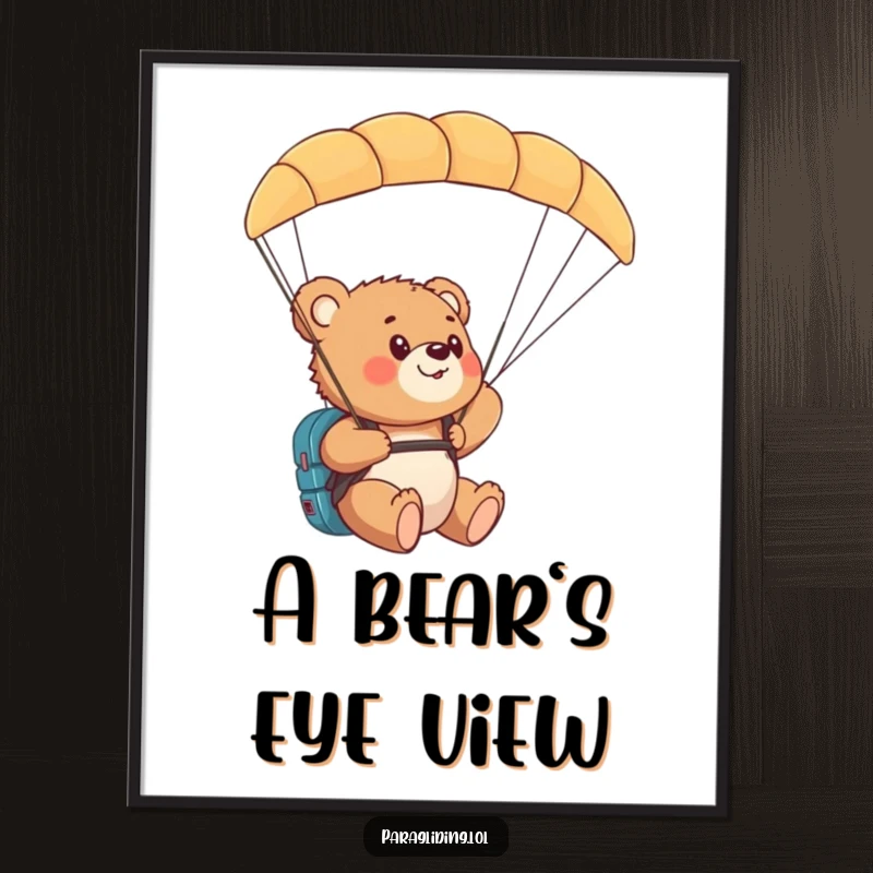 Funny bear cub paragliding digital art print of a cub looking amazed at the world from a paraglider.