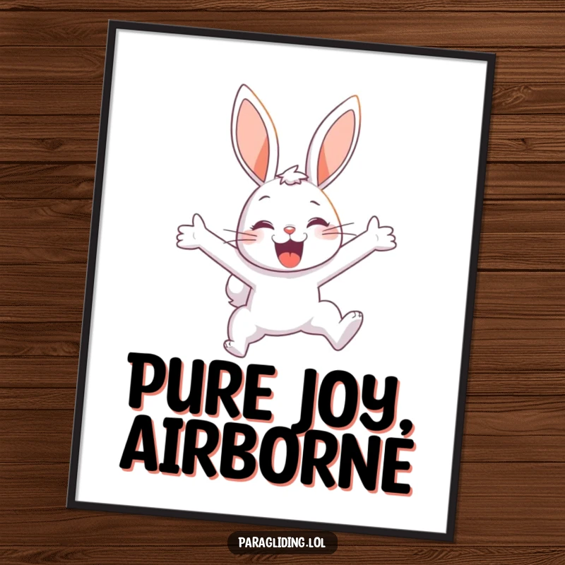 Funny digital art print of a delighted bunny soaring through the sky, bringing humorous joy and a sense of freedom to any setting.