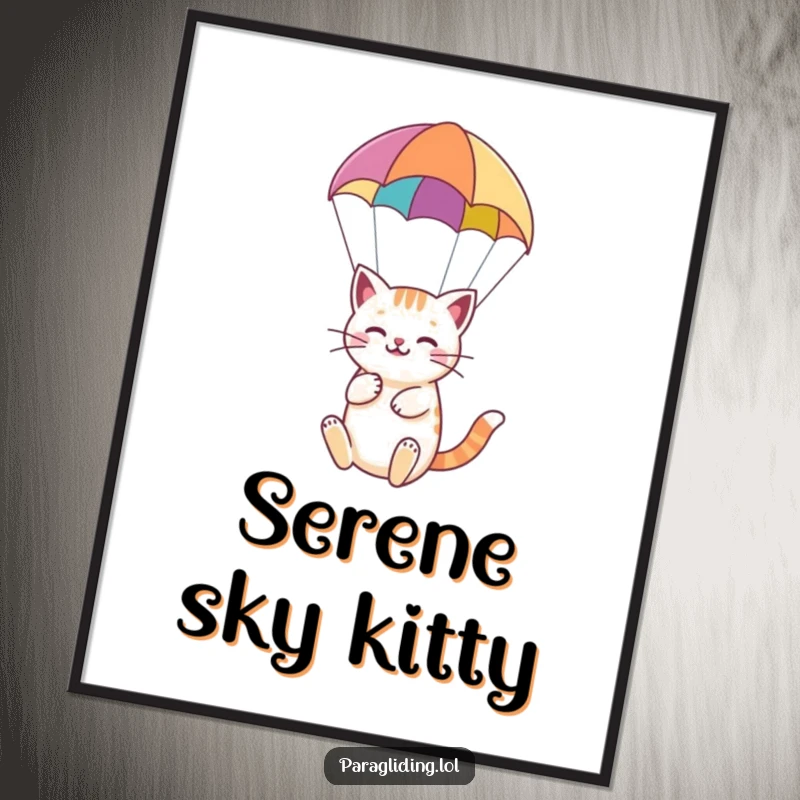 Funny digital art print of a happy cat serenely paragliding under a colorful paraglider, perfect for calm decor.
