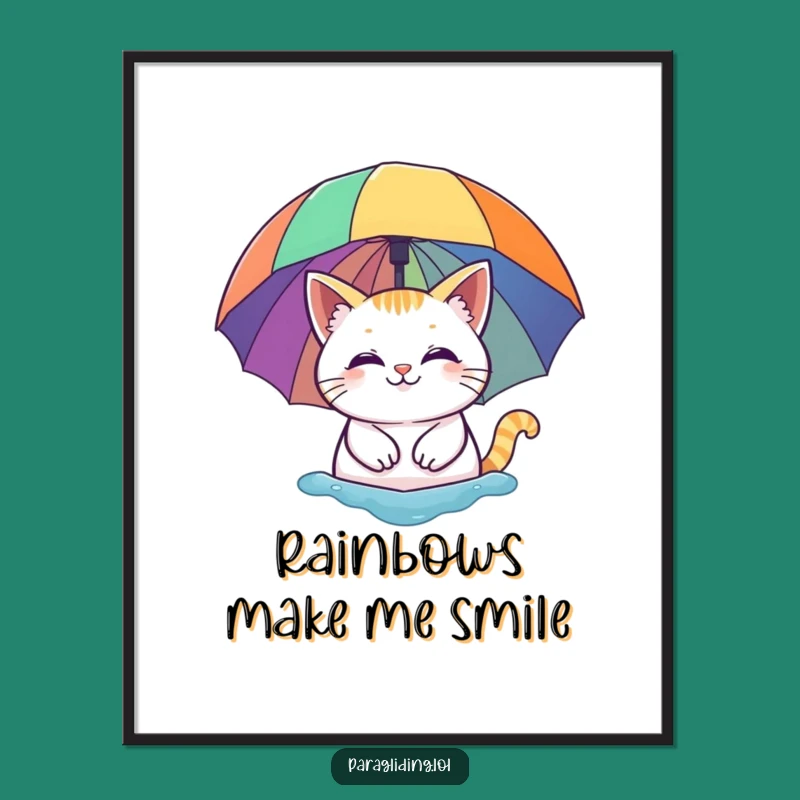 Funny Cat Rainbow Umbrella Digital Art - Whimsical Cartoon Print for Instant Charm