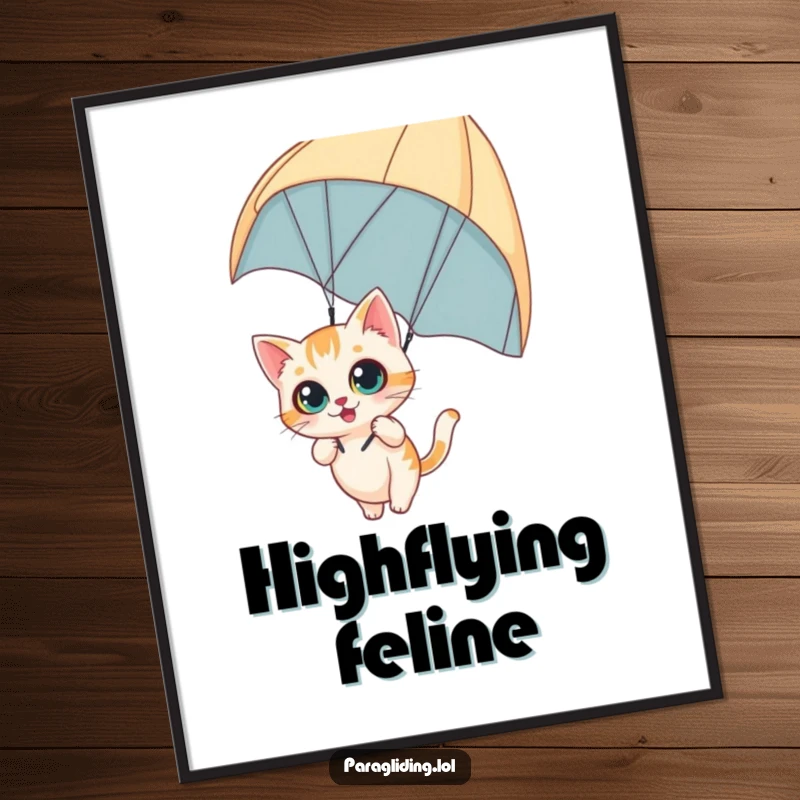 Funny digital art print of a curious cat dangling from a paraglider with wide eyes, symbolizing daring adventure and feline excitement, perfect funny gift.