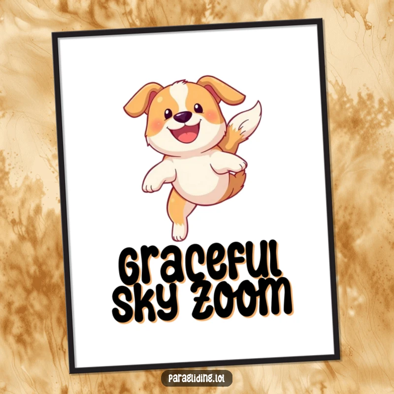 Funny digital art print of a grinning dog soaring gracefully through the sky, perfect for joyful decor.