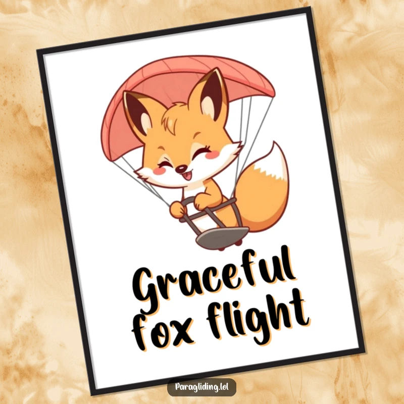 Funny Fox Digital Art Print: High-resolution funny art of a bouncy fox with a smile, gracefully steering a paraglider with joy.