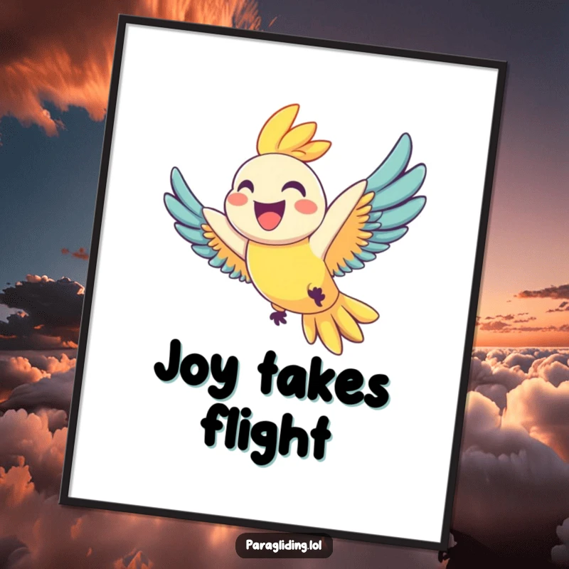 Funny digital art print of a joyful parrot with a wide grin soaring through the sky, radiating pure happiness, perfect funny gift.