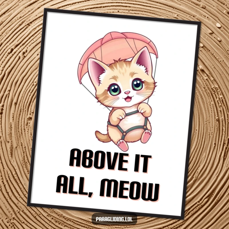 Funny paragliding kitten digital art print of a happy cat with wide eyes, soaring high in a paraglider.