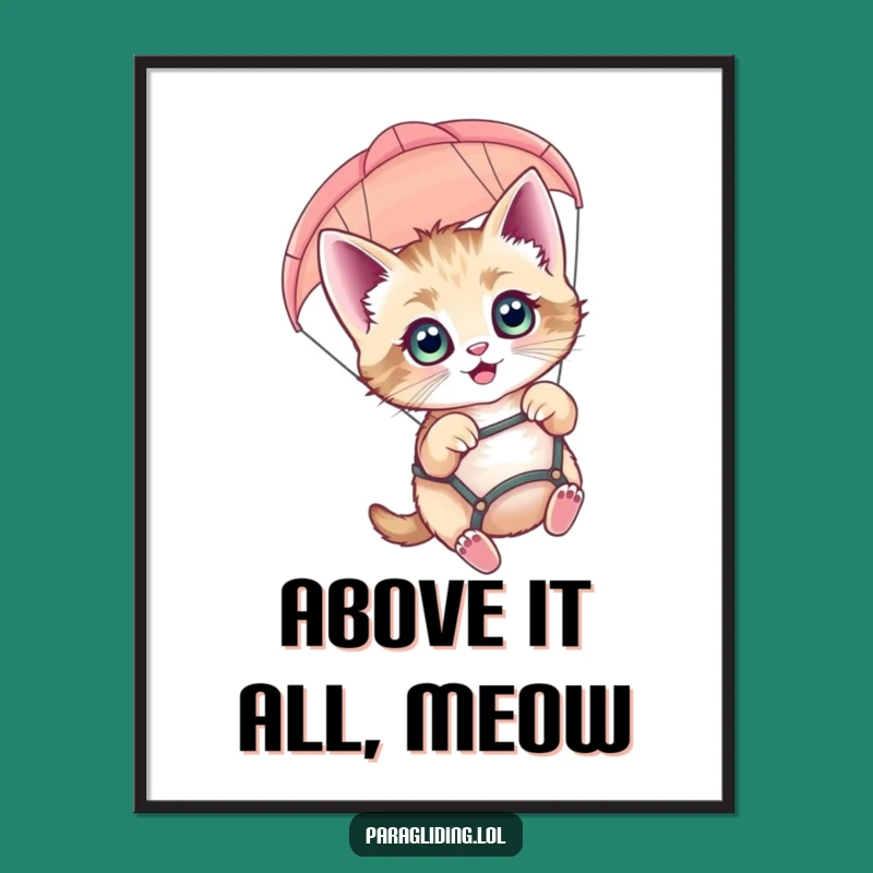 Funny Kitten Paragliding Digital Art: Adventure-Themed Print for Joyful Spaces