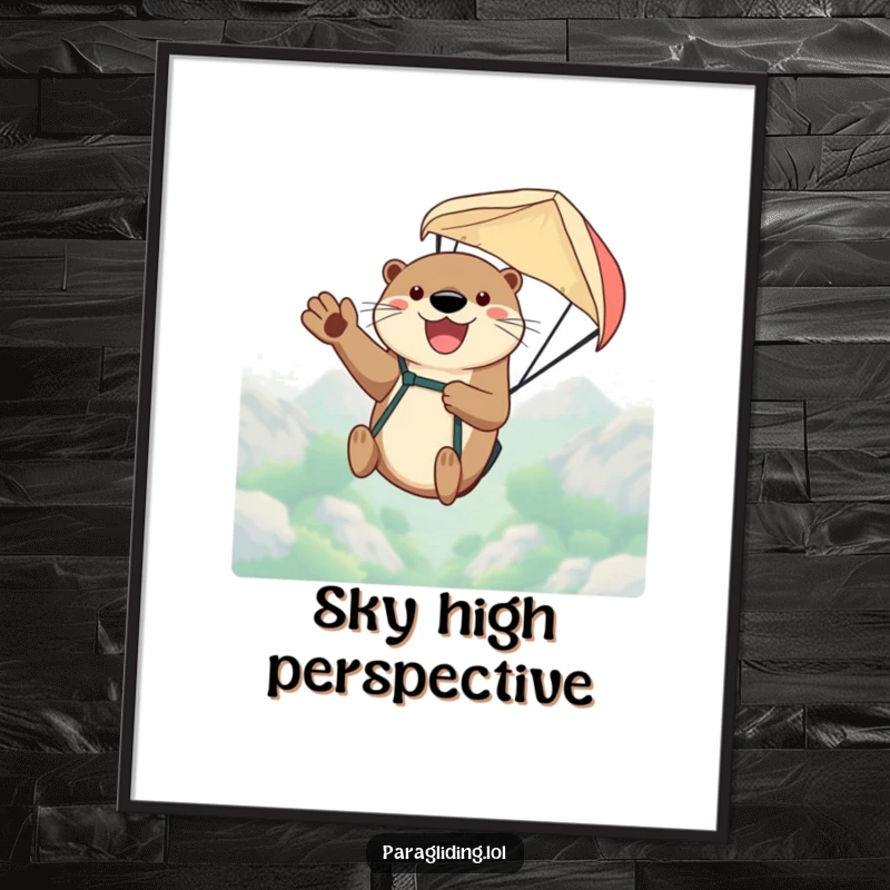 Funny digital art print of a happy otter waving from a paraglider high in the sky, conveying joy and a love for adventure.
