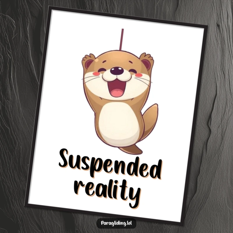 Funny otter paragliding digital art print, featuring an excited otter with a joyful expression, ready to be displayed.