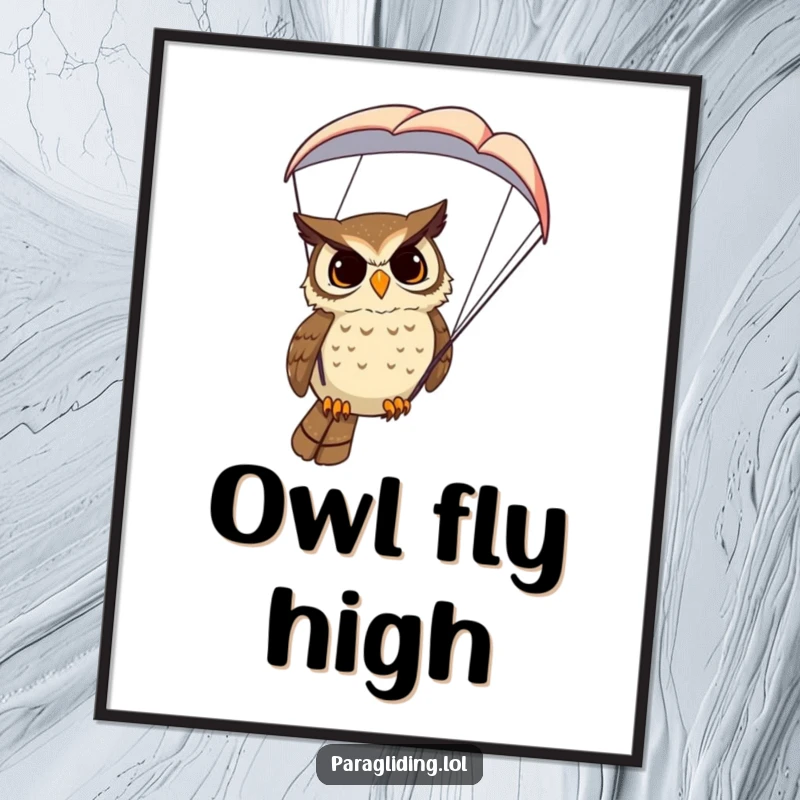 Funny Owl Digital Art Print: High-resolution funny art of a determined owl in a paraglider, offering a wise and humorous perspective.