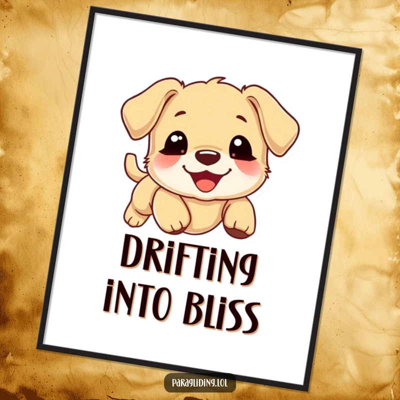 Funny puppy digital art print, smiling puppy drifting gently downward on a cloud, whimsical illustration, instant download.