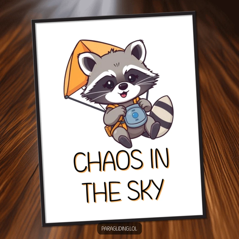 Funny mischievous raccoon playfully tugging on paraglider controls, as a digital art print, a dynamic funny gift.