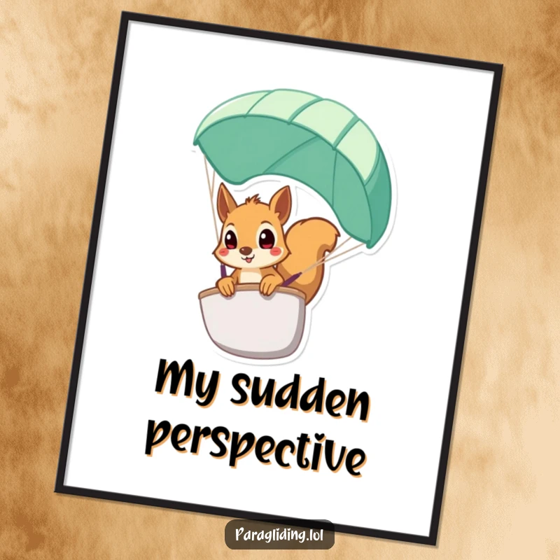 Funny squirrel digital art, a printable featuring a squirrel peeking from a paraglider with wide eyes, instant decor.
