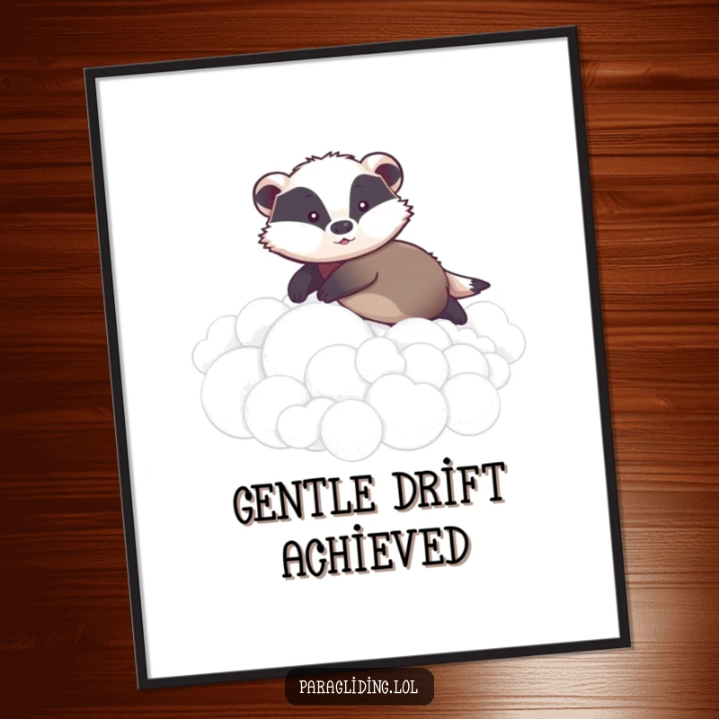 Funny digital art print of a graceful badger gently gliding over fluffy clouds, conveying a feeling of peace, serenity, and humorous tranquility.