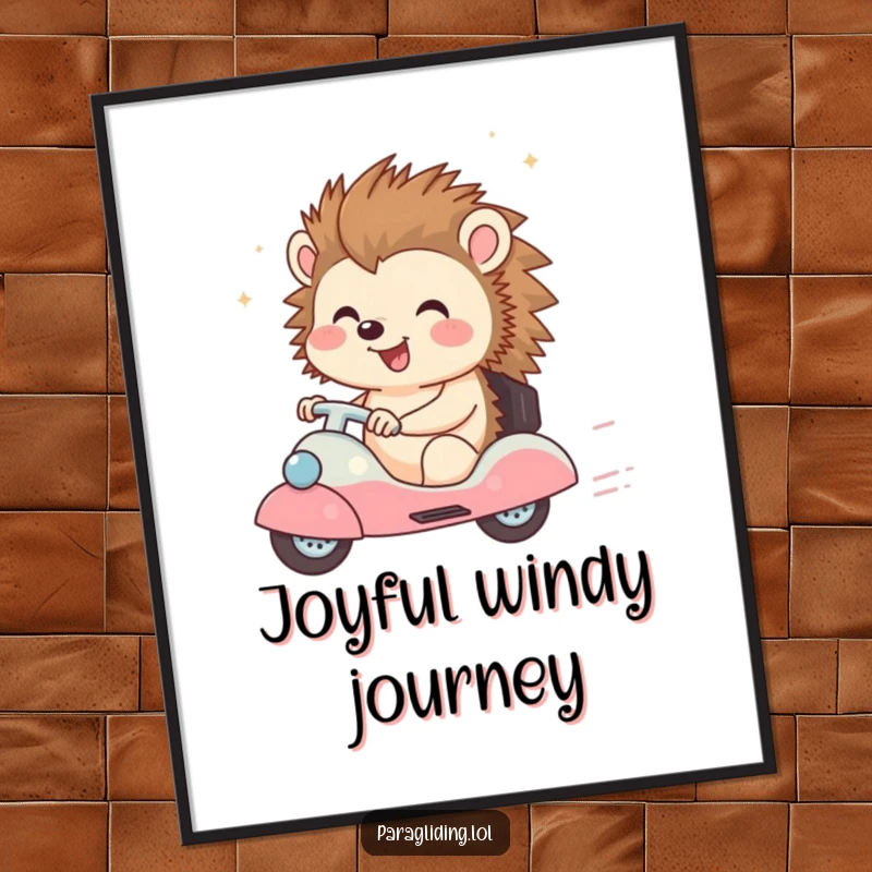 Funny digital art print of a happy hedgehog character enjoying a breezy ride, perfect for adding cheerful vibes to walls.