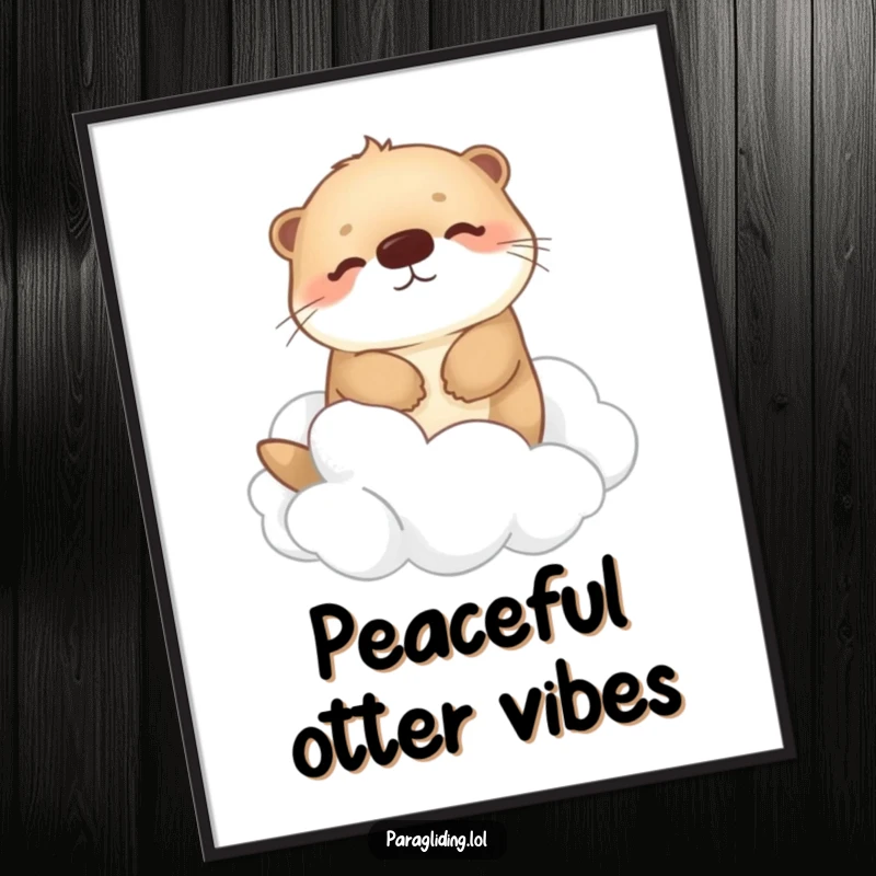 Funny digital art print of a happy, fluffy otter drifting peacefully among fluffy clouds, ideal for printable wall decor with a serene and whimsical theme.