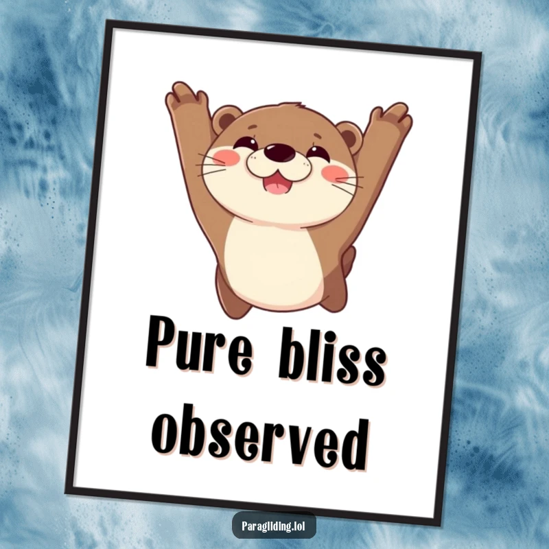 Funny digital art print of a joyful otter with a massive grin, captured in the act of soaring through the sky with pure exhilaration.