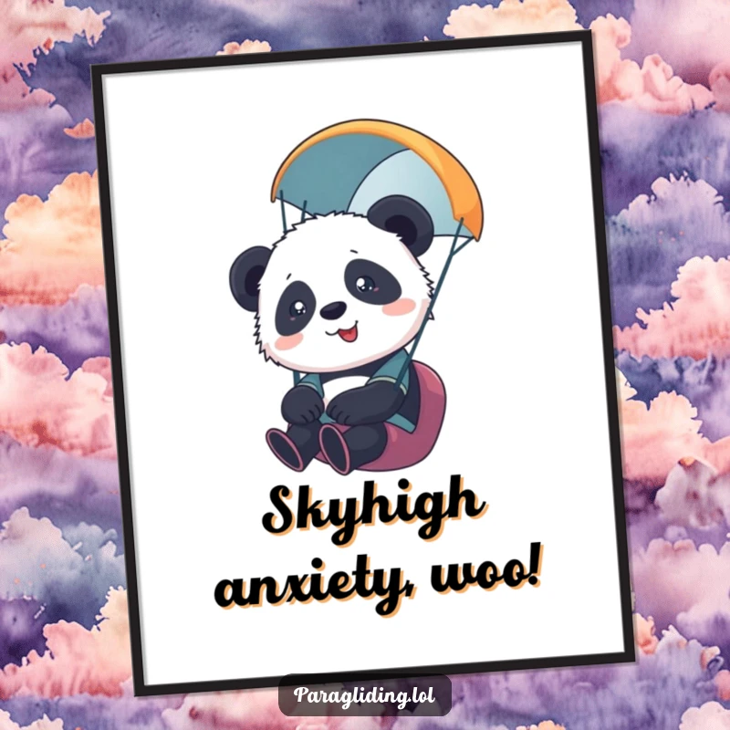 Funny digital art print of a cute panda cub paragliding, showing slight overwhelm at the height but enjoying the view. Instant art.