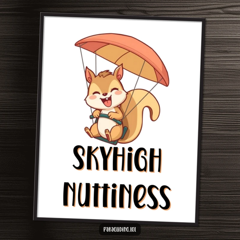 Funny giggling squirrel paragliding and waving against a scenic sky on digital art. Joyful and easy funny gift for instant decor.
