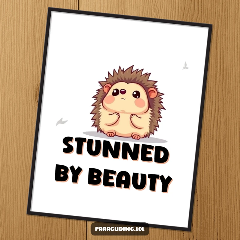 Funny digital art print of a hedgehog looking awestruck at the view below, capturing a moment of humorous wonder.