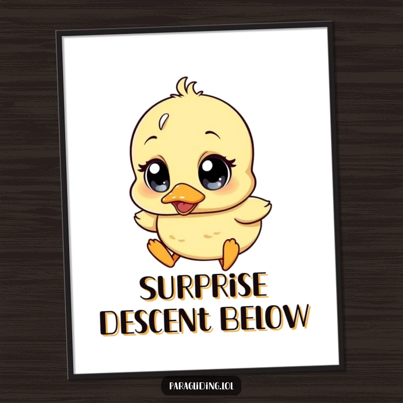 Funny digital art print of a wobbly duckling character with comically wide surprise eyes, drifting downwards, perfect for charming walls.